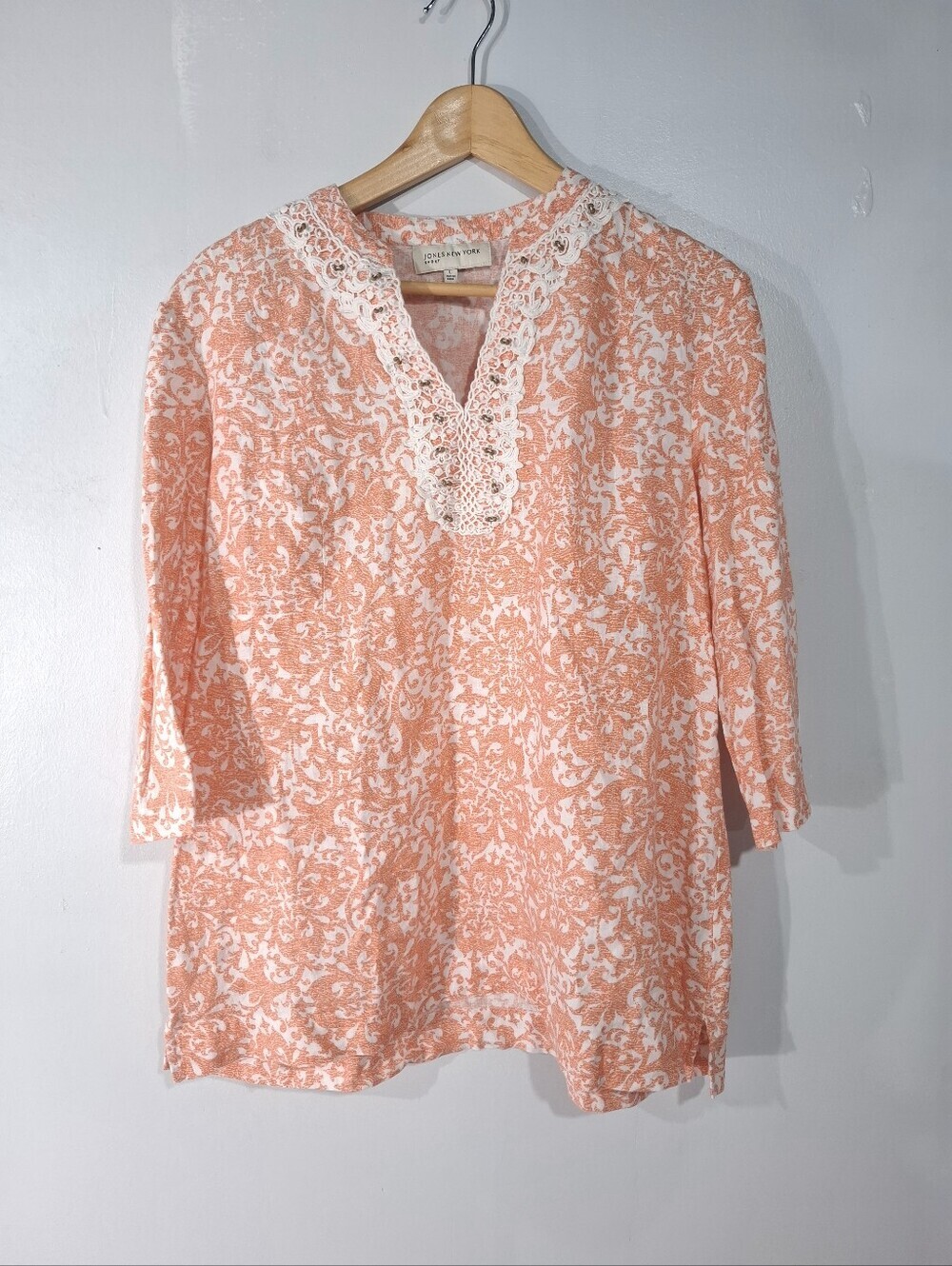 Jones New York Sport Womens Top L Orange White Print V Neck Peasant 100% Linen